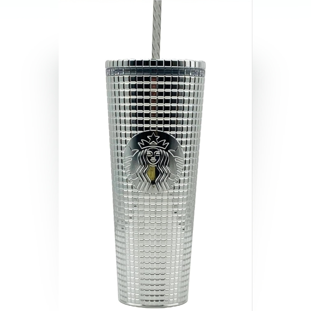 Starbucks 2023 Holiday Silver Chrome Grid Tumbler 24oz Venti Size New